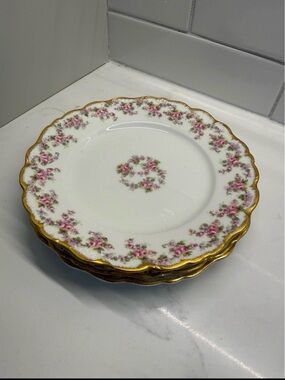 Antique Elite Works Limoges France plates (3) Pink Roses & Gold Gilt